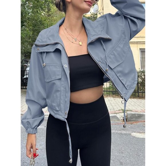 Womens Blue Grey Tankaneo Cropped Jacket Zip Up Oversized Utility Anorak Coat - Picture 3 of 4